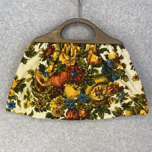 🤎 Vintage Brown Fabric Clutch Bag Wooden Handles Medium Fall 🤎 - Picture 7 of 7